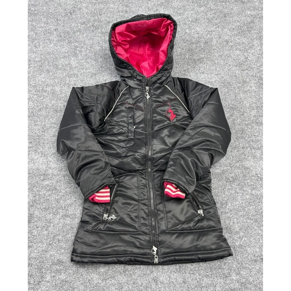Baby Phat Vintage Girls Black Hooded Puffer Jacket‎ Pink Lining Logo Size 6X